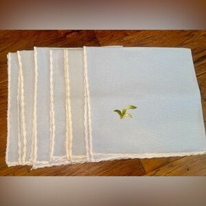 Vintage Style Embroidered Light Blue Linen Napkins W/Green Leaf Motif - Set of 6